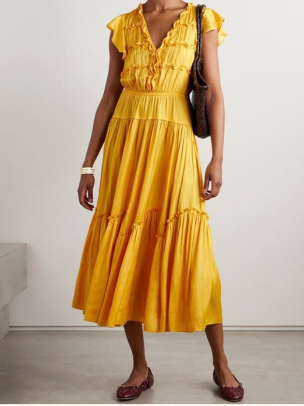 NWT La Ligne Pintucked Ruffled Satin Midi Dress Size Small